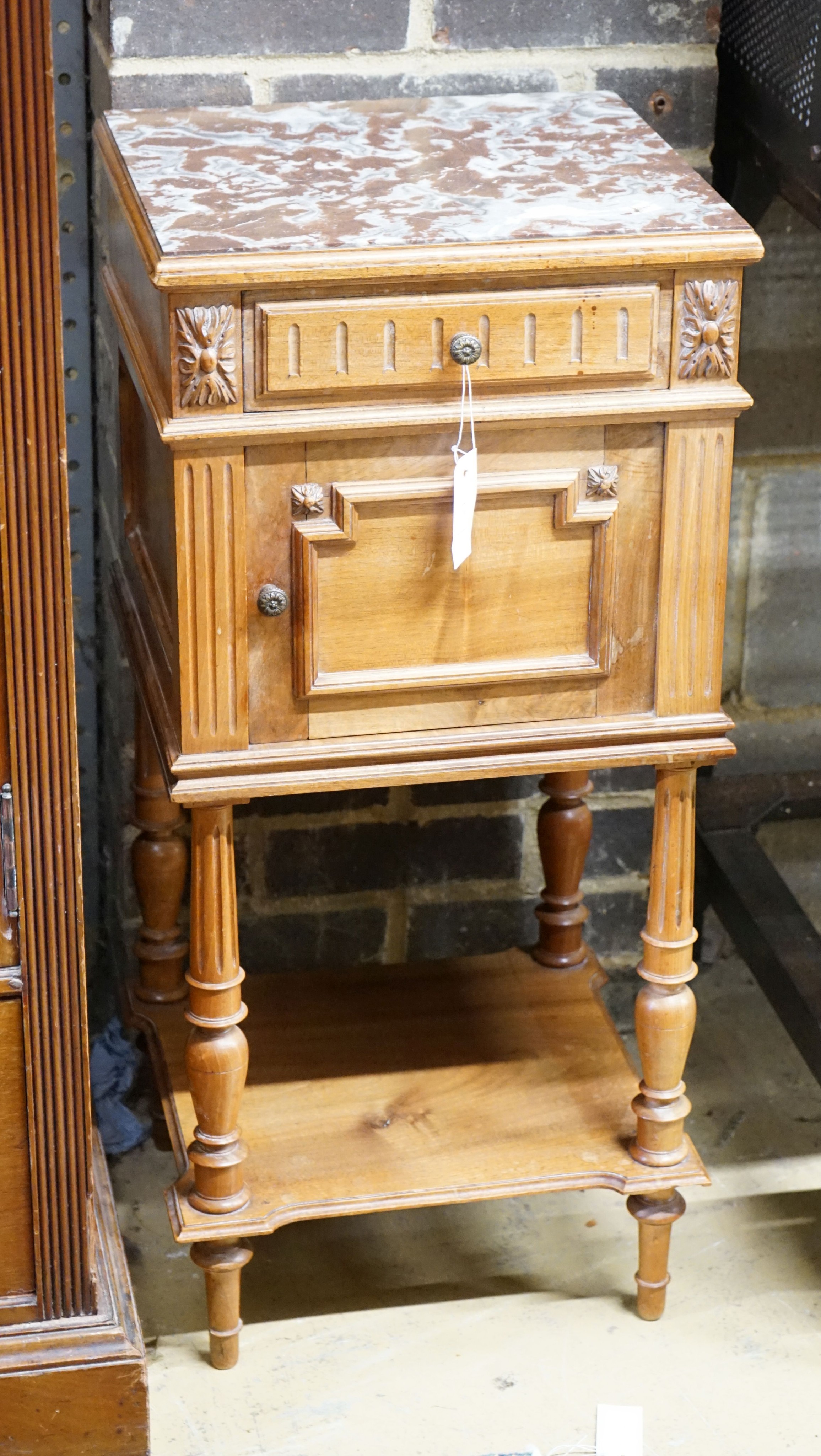 An early 20th century French walnut marble top bedside cabinet, width 38cm, depth 36cm, height 82cm